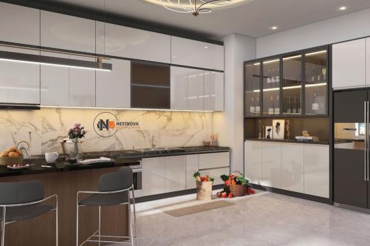 Tủ bếp nhựa PVC phủ bóng gương hiện đại cho căn hộ chung cư